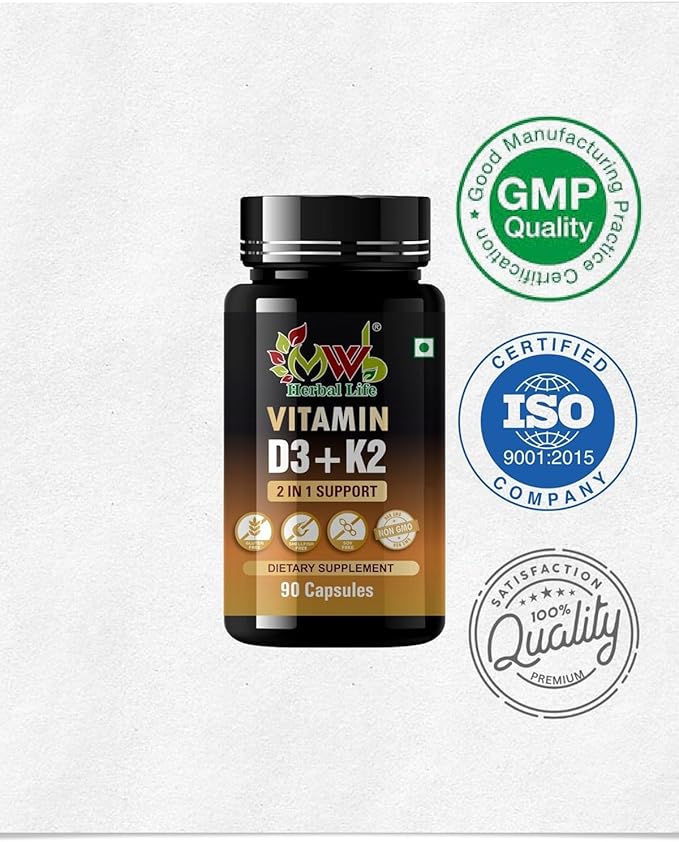Vitamin D3 K2 Capsules | 90 Veg Capsules | 2 in 1 Support for Heart Health | Strong Bones &amp Muscle Strength | Immunity &amp Mood Booster | Dietary Supplement