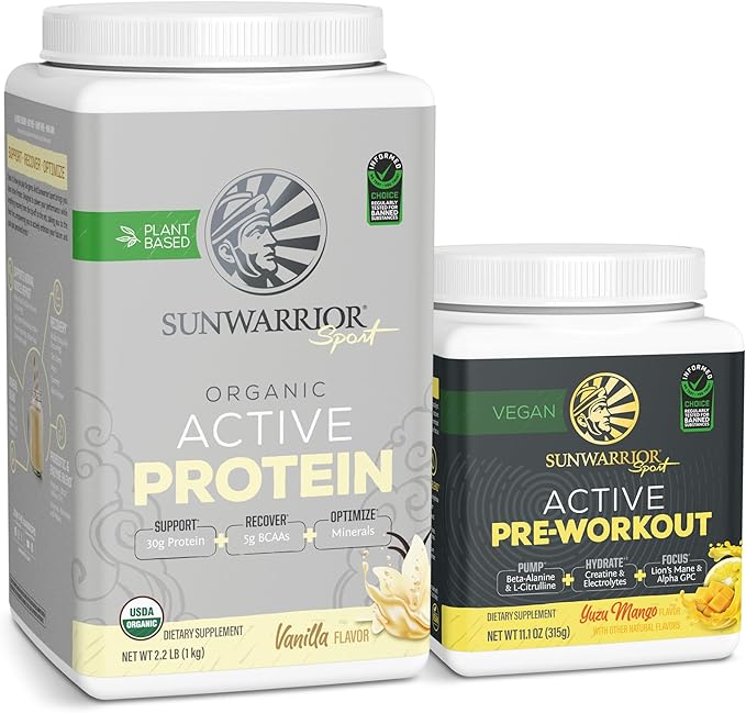 Sunwarrior Vegan Protein Powder USDA Organic | 20 Servings Vanilla Flavored &amp Pre-Workout Powder | 30 Servings Yuzu Mango Flavored