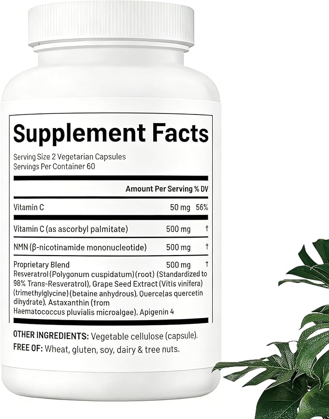 NMN 1000mg per Serving Ultimate 10-in-1 NAD+ Support with Trans-Resveratrol Apigenin CoQ10 Vitamin C 120 Vegetarian Capsules
