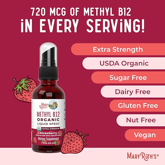 MARYRUTH'S Vitamin B12 Liquid Spray | Vegan Non-GMO Gluten-Free | USDA Organic Supplement | Energy &amp Nervous System Support | B12 Vitamins for Women &amp Men | 720 mcg | 1 Fl Oz