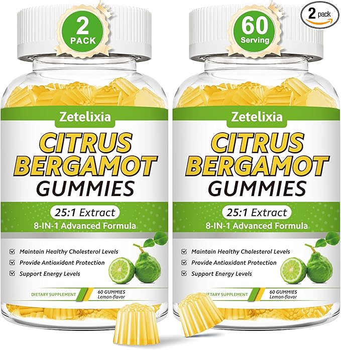 2 Pack Citrus Bergamot Gummies Citrus Bergamot Supplement for High Cholesterol Cholesterol Lowering Supplement for Heart Immune System &amp Healthy Aging Support Sugar Free Lemon Flavor 120 Cts