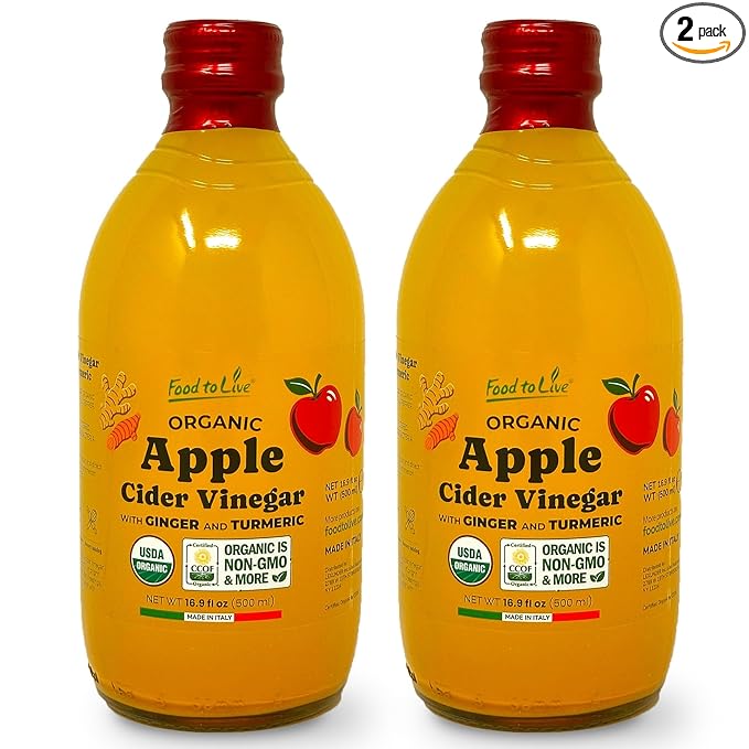 Food To Live Organic Apple Cider Vinegar with Ginger and Turmeric 500 ml – Raw Italian Unfiltered Unpasteurized Non-GMO Vegan Bulk Glass Bottle (Pack of 2)