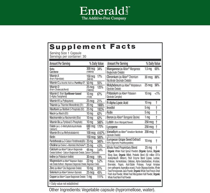 EMERALD LABS Women's 1-Daily Multi - Multivitamin for Women - Includes Calcium Zinc Vitamin B &amp More - Bone &amp Immune Support Supplement* - Gluten-Free - 30 Vegetable Capsules