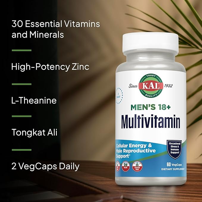 KAL Men’s 18 Plus Multivitamin - 30 Essential Vitamins and Minerals - Vitamin D Vitamin C Zinc and More - Male Reproductive and Cellular Energy Support - Vegan Non-GMO - 30 Servings 60 VegCaps