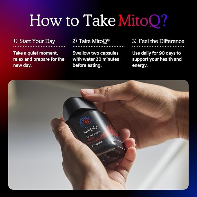 MitoQ Pure Advanced Mitochondria Supplement Superior Bioavailability to CoQ10 | Reduces Free Radical Damage for Healthy Aging Metabolism Heart Health Energy Strength &amp Mobility