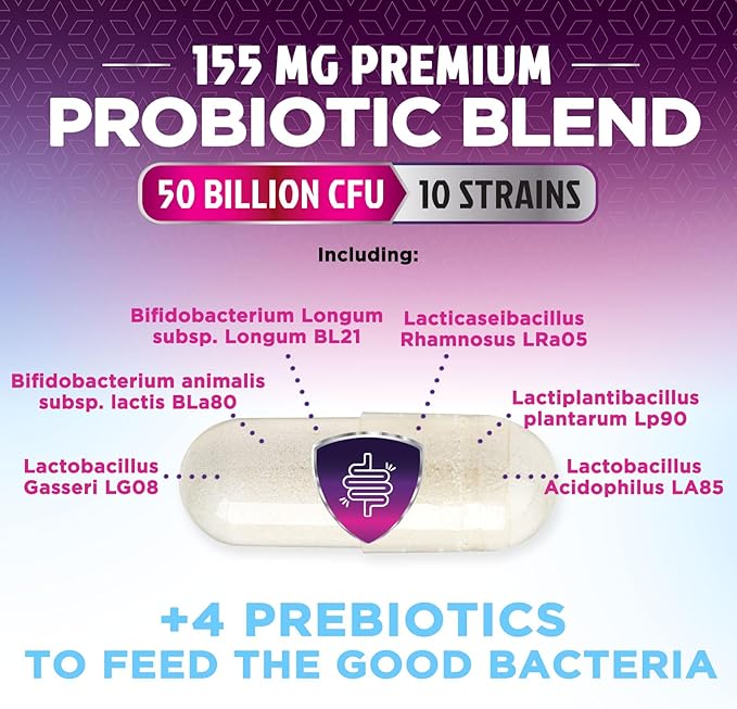 Probiotics 50 Billion CFU per Serving - 10 Strains + Prebiotics - Digestive Health Gut &amp Immune Support - Supports Occasional Constipation Gas &amp Bloating for Women &amp Men Shelf Stable - 1