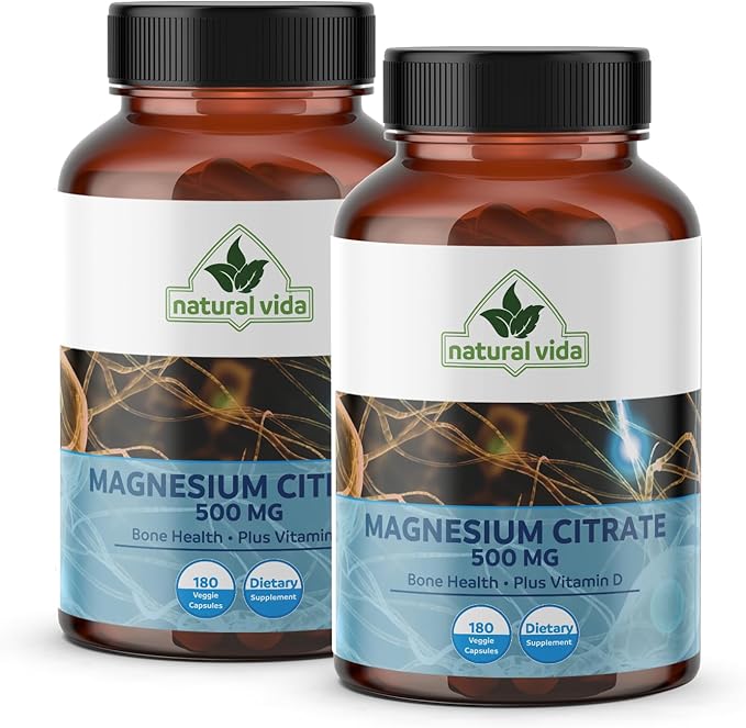 Magnesium Citrate 500mg + Vitamin D 180 Capsules - 12 Months Supply - Easily Absorbed - Muscle Heart &amp Digestive Support - One per Day Non-GMO (2)