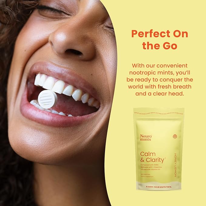 Neuro Calm &amp Clarity Mints - GABA L-Theanine Stress Supplement with Vitamin D3 - Non-Drowsy Functional Calming Mints for Mood Mental Clarity &amp Cognitive Function - Honey Lemon 90 ct
