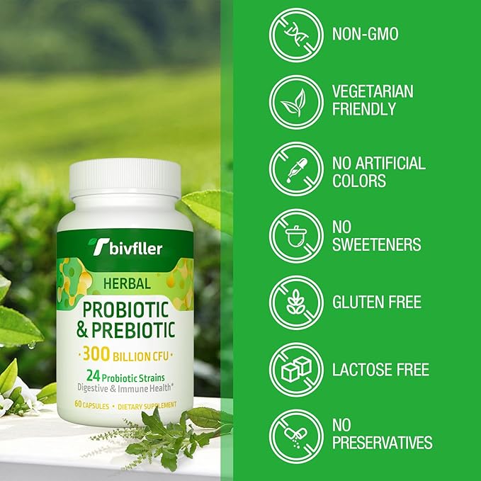 Probiotics for Women Men- 300 Billion CFU 24 Strains Probiotic+15 Organic Herbs Prebiotics Blend Pre and Probiotics for Digestive Health Immune &amp Gut Diarrhea Bloating Vegan 2 Month Supply