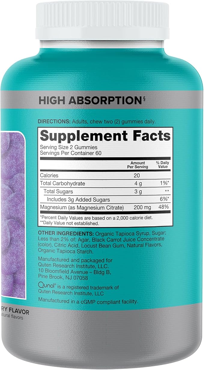 Qunol Magnesium Gummies for Adults 200mg Elemental Magnesium (from 1750mg Magnesium Citrate) High Absorption Magnesium Supplement Supports Nerve Bone and Muscle Health Vegetarian 120 Count
