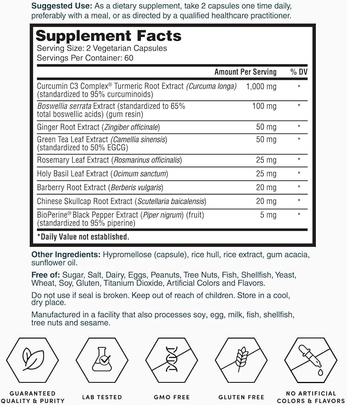 Nature's Lab Gold Whole Body Herbal Complex - Turmeric Boswellia Ginger Green Tea Rosemary - 120 Capsules (60 Day Supply)