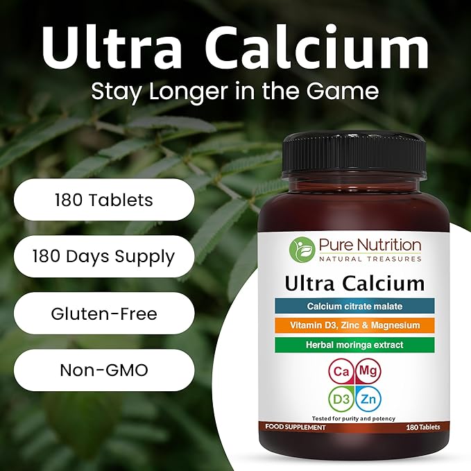 Pure Nutrition Ultra Calcium Citrate 1000mg Highly absorbable Calcium Supplement with Calcium Citrate Malate Vitamin D Zinc and Magnesium - 1 Tablet Daily (180 Veg Tabs) Non-GMO | Gluten-Free