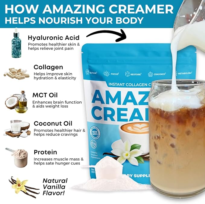 Superfoods Company Amazing Creamer with Collagen - Keto Creamer-Hyaluronic Acid &amp MCT Oil - Brain Boost &amp Curbs Cravings - Supports Healthy Skin &amp Hair - Diet-Friendly [60 Servings] [Vanil