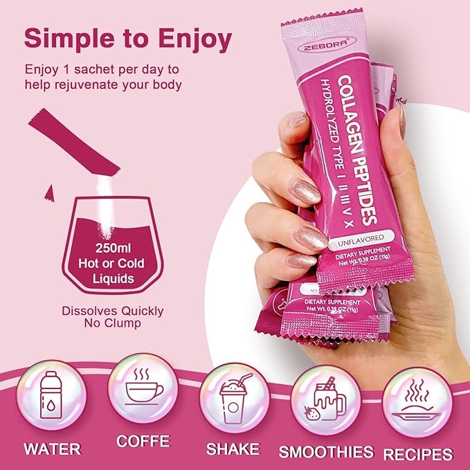 ZEBORA Multi Collagen Peptides Powder Packets with Hyaluronic Acid Biotin MCT - Hydrolyzed Collagen with 5 Billion Probiotics - Support Skin Hair Nail &amp Gut Health - 30 Stick Packs