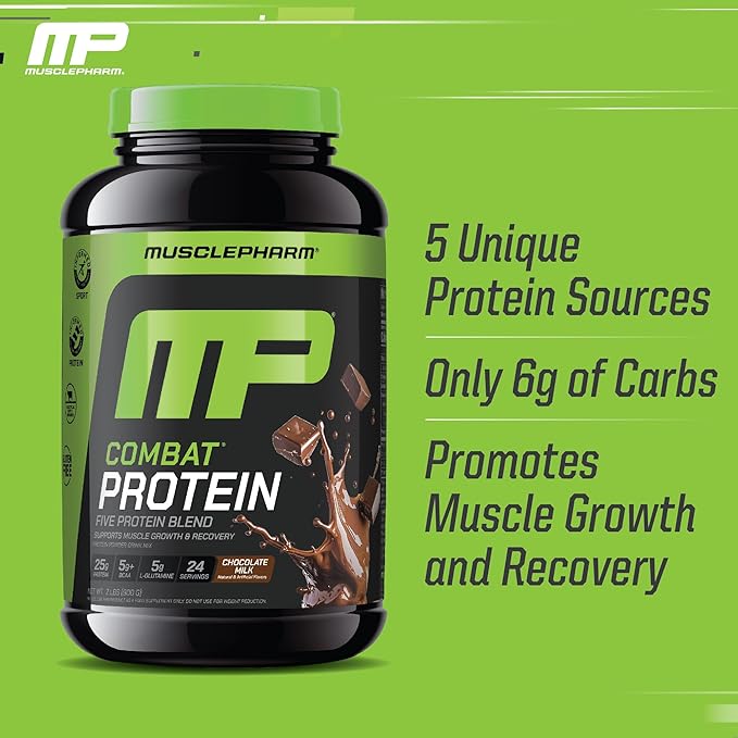 Muscle Pharm Combat Protein Powder Chocolate Milk Flavor Fuels Muscles for Productive Workouts 5 Protein Sources Including Whey Protein Isolate &amp Egg Albumin Gluten Free 2 lb 24 Servings