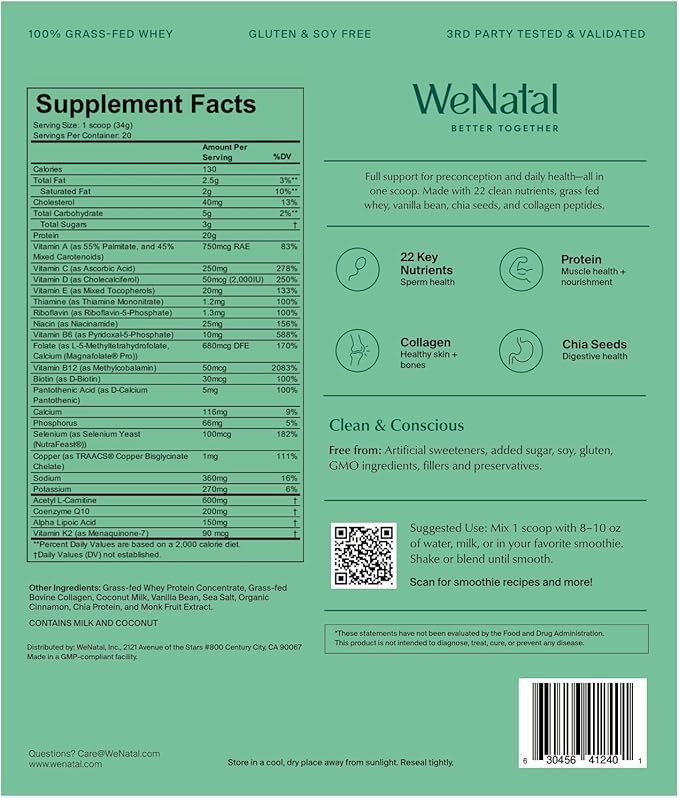 WeNatal Prenatal Protein+ for Him Protein Powder with Zinc Selenium CoQ10 and L-Carnitine 20g Clean Protein for Male Fertility Hormone Health and Energy Non-GMO Vanilla Flavor