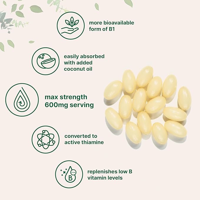 Vitamin B1 Benfotiamine 600mg Per Serving 240 Coconut Oil Softgels | Bioavailable B Vitamins Supplement Converted to Active Thiamine | Non-GMO Soy Free