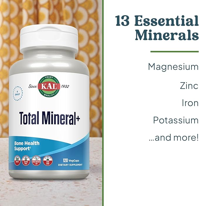 KAL Total Mineral Plus Capsules - Minerals and Trace Minerals for Strong Bones Immune Support w/Magnesium Glycinate Zinc Calcium Selenium Iron and More - Vegan Non-GMO Gluten-Free 30 Servings