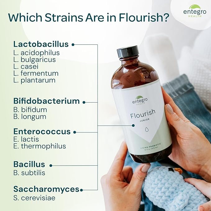 ENTEGRO Flourish Junior Liquid Probiotic &amp Postbiotic Supplement - Glass | 11 Live Cultures | Gut &amp Digestive Health for Women Men &amp Kids | Organic Vegan Allergen Free | USA Made | 16 f