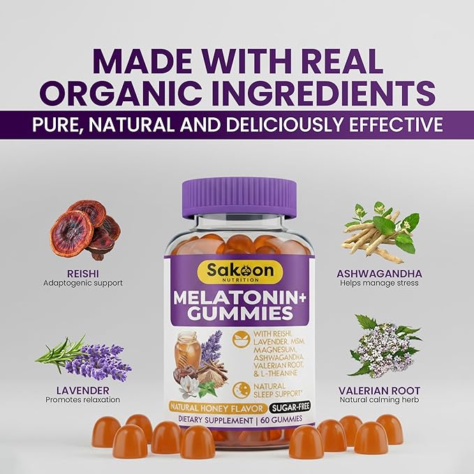 Sakoon nutrition Melatonin Gummies for Women &amp Men | 10mg Melatonin Plus Gummies with Sugar Free Natural Honey Flavor | Reishi Magnesium &amp L-Theanine | Vegan Halal Sleep Support | 60 Count