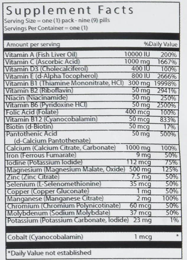 Vital Bulk Daily Health Kit Packet Multivitamins &amp Mineral 30 Count Box - Multivitamin for Men &amp Women - Contains Vitamin C 1000mg A D E K B Complex B12 Iron Calcium Magnesium &amp Potassium