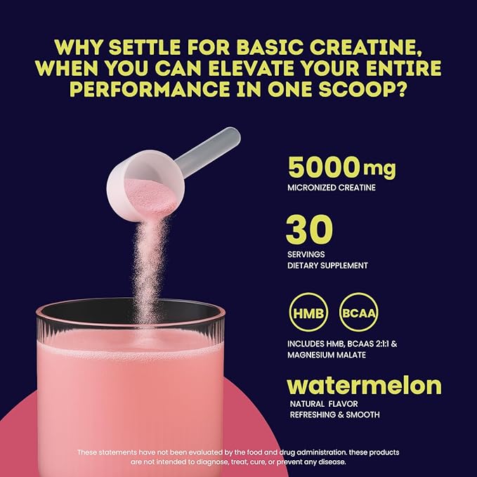 Creatine Monohydrate 5g with BCAAs –Support Muscles Cellular Energy and Cognitive Function* – Watermelon Micronized Powder – 30 Servings Keto Friendly - Gluten-Free