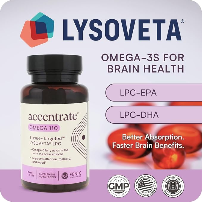 Omega 110 w/LYSOVETA LPC | EPA &amp DHA Supplements for Brain &amp Retina Health | Focus Attention Memory Mood &amp Vision | 6X Higher Absorption Than Fish Oil | High Potency Omega-3 LPC-DHA