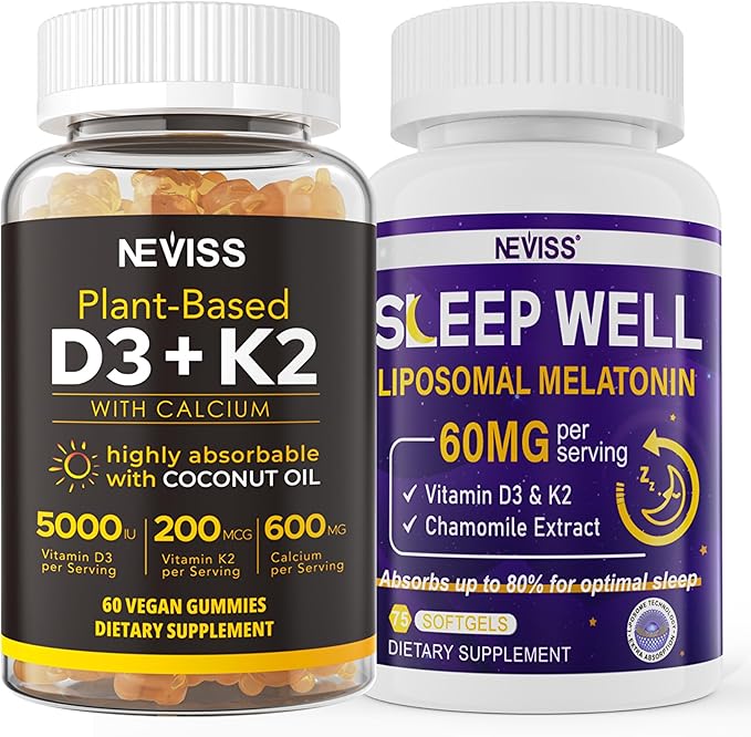 NEVISS Vitamin D3K2 5000IU Gummies + Melatonin 60mg for Adults Bundle