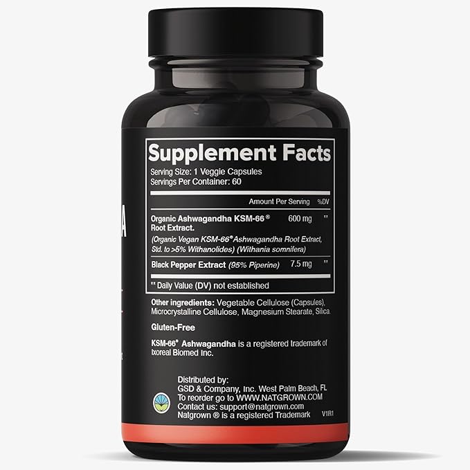 Natgrown Ashwagandha KSM 66 Supplement 600 mg - Stress Mood &amp Athletic Support - Organic KSM66 Root Extract with 5% Withanolides - Vegan Capsules - 60 Count