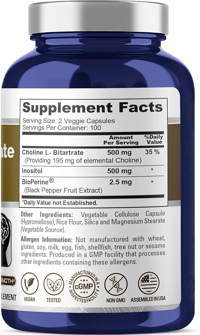 NusaPure Choline &amp Inositol - Suitable for Vegetarian/Vegan Non - GMO - 1000mg - 200 Veggie Capsules