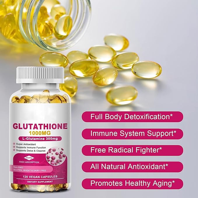 Glutathione 1000mg Soft Capsules – with L-Glutamine 300mg Milk Thistle Alpha Lipoic Acid Vitamin C &amp D3 – Super Antioxidant Supplement for Detox &amp Cleanse