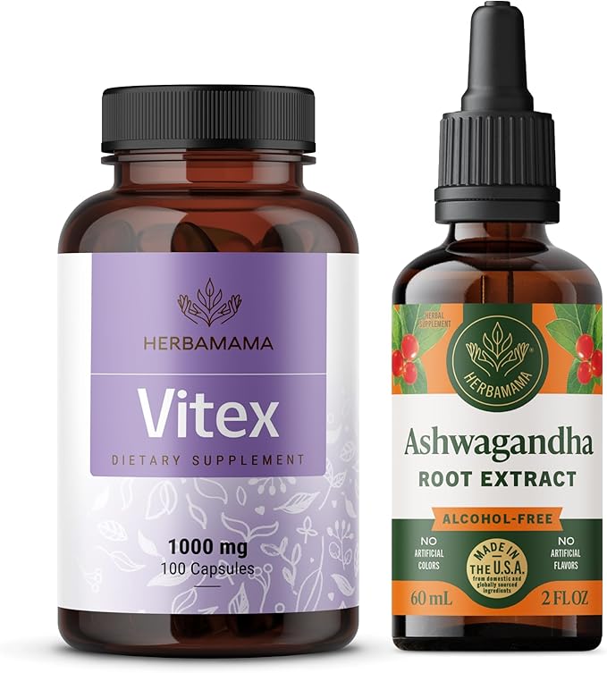 HERBAMAMA Vitex and Ashwagandha Kit - Bundle of 1000 mg Vitex Chasteberry Capsules &amp Ashwagandha Liquid Drops 2 fl oz - Vegan Non-GMO Sugar &amp Alcohol-Free - 2 Pack