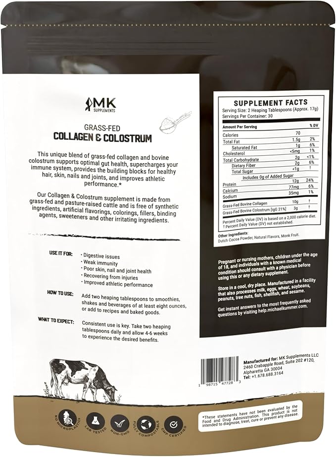MK Supplements Grass-Fed Collagen &amp Colostrum Powder | 10g Collagen + 3g Colostrum (IgG 21%) Per Serving | Chocolate Flavor + Monk Fruit | Gut Skin &amp Joint Support | 30 Servings