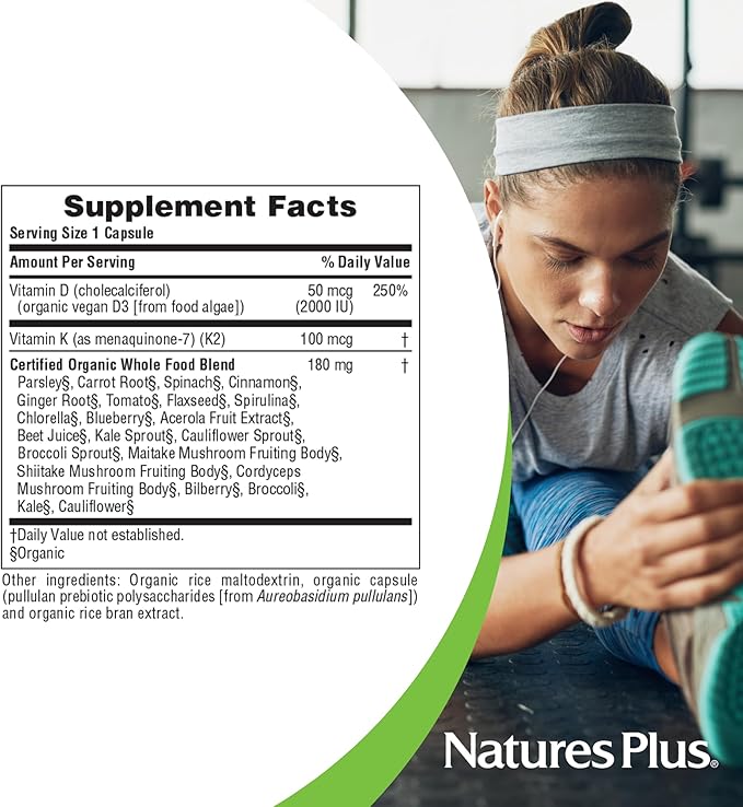 NaturesPlus Source of Life Garden Vitamin D3 &amp K2 - 60 Capsules - Immune System and Bone Support - USDA Certified Organic Vegan Gluten Free - 60 Servings