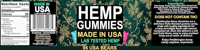 Hemp Gummies Sleep Calm Relaxation-Made in USA-Edibles Gummy Bears Candy-96 Count