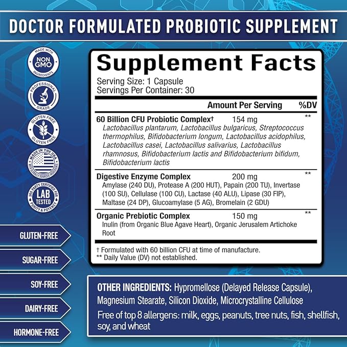 Purely Optimal Probiotics for Digestive Health 60 Billion CFU – Delayed-Release with Digestive Enzymes &amp Organic Prebiotics – Bloating Immune &amp Energy Support 30 Caps