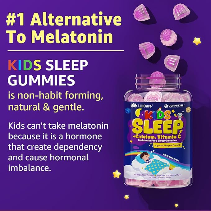 Kids Sleep Gummies - Magnesium Glycinate for Kid Melatonin Free Nighttime Gummies | with Vitamin C for Immune Calcium &amp D3 for Growth | GummieJel Liquid-Filled Melatonin Alternative 60ct