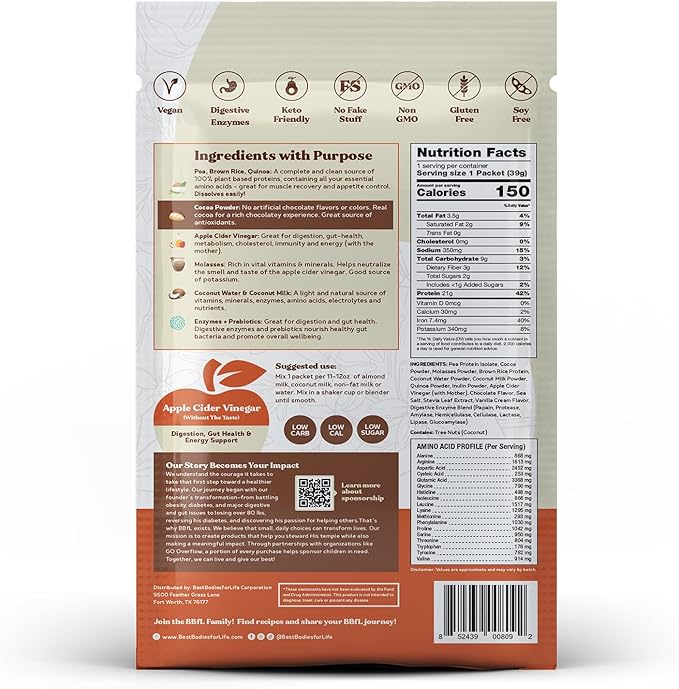 BBfL Plant-Based Protein Shake – 21g Vegan Protein Cocoa + Apple Cider Vinegar Prebiotics Digestive Enzymes Supports Gut Health – All-in-One Shake for Women &amp Men (10 Servings Cocoa Cream)