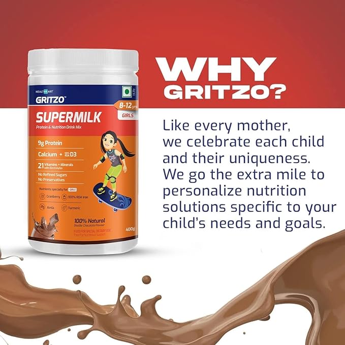 SuperMilk 8-12y (Girls) Kids Nutrition &amp Health Drink Protein Powder for Kids Growth &amp Sports High Protein (10 g) Calcium + D3 21 Nutrients Natural Double Chocolate Flavour 400 g | 14.1