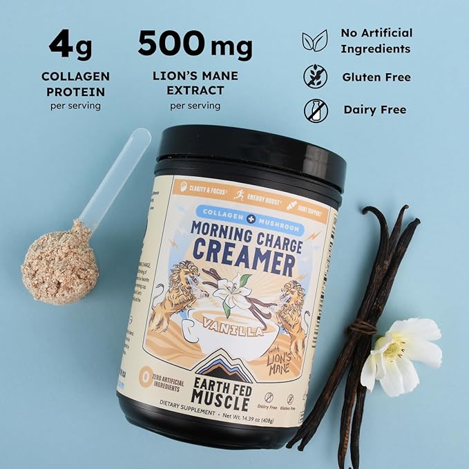 Earth Fed Muscle Morning Charge Protein Coffee Creamer with Collagen &amp Lion’s Mane – Organic Coffee Creamer with Adaptogenic Mushrooms – Dairy-Free Soy-Free Gluten-Free – 24 Serving