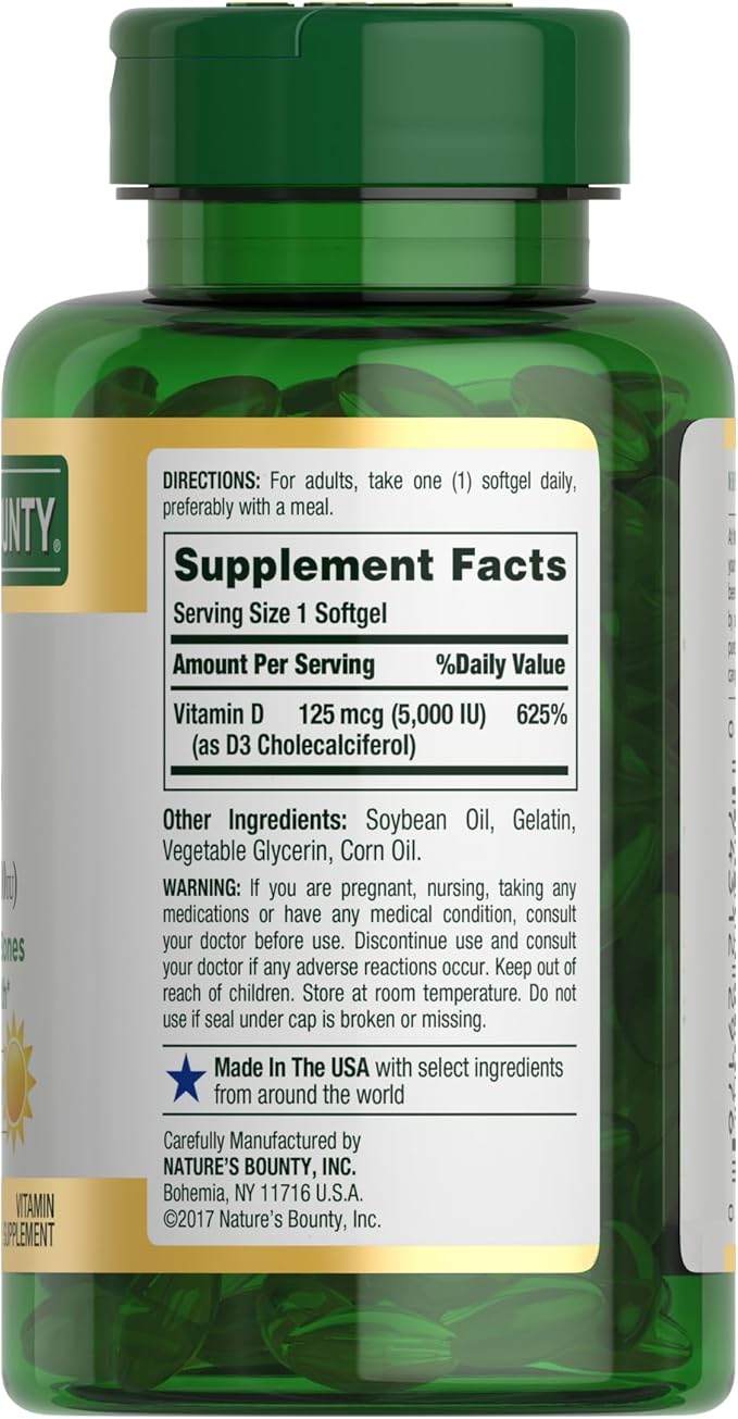 Nature's Bounty Vitamin D3 5000 IU Softgels Rapid Release Immune Support Vitamin D Supplements 240 Ct
