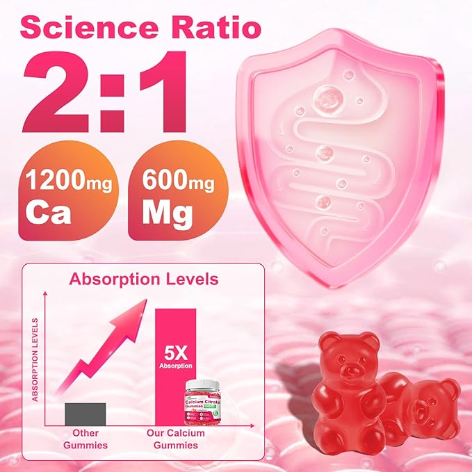 180 Count Calcium Citrate Gummies - 1200mg Calcium Gummies with Magnesium &amp 4 Essential Vitamins Support Bone Muscle Teeth Immunity Calcium Supplements for Women &amp Men Strawberry Flavor