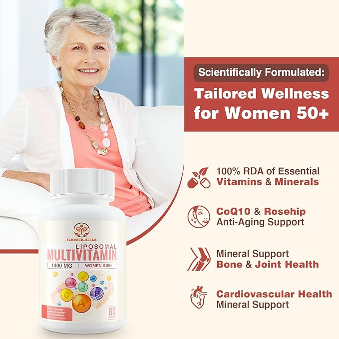 Liposomal Multivitamin for Women 50+ - Women Daily Multivitamin with 32 Ingredients CoQ10 Vitamins C B D E for Cardiovascular &amp Bone Health Support - Iron-Free (120 Capsules)