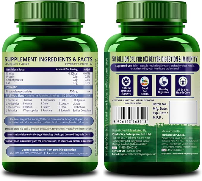 HIMALAYAN ORGANICS Organics Probiotics Supplement 50 Billion CFU 150mg with Prebiotics | 10X Better Digestion Gut Health and Immunity Support | Non-GMO Gluten-Free - 60 Vegetarian Capsules