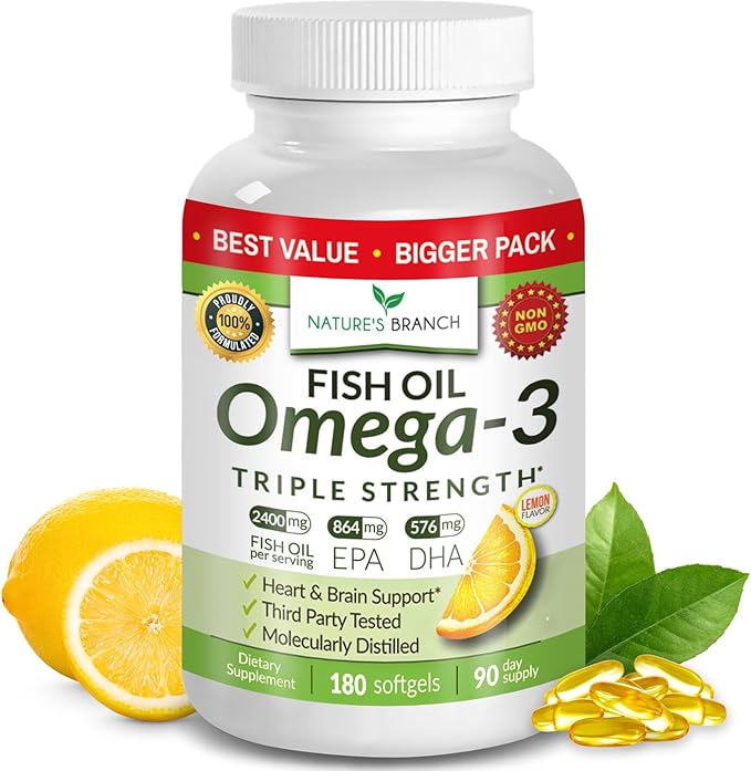 Triple Strength Omega 3 Fish Oil Supplements 2400mg | 180 Capsules Burpless High Potency Lemon Flavor High EPA DHA for Men &amp Women Ultra Pure Softgels | Joint Support Eyes Heart Brain Health P