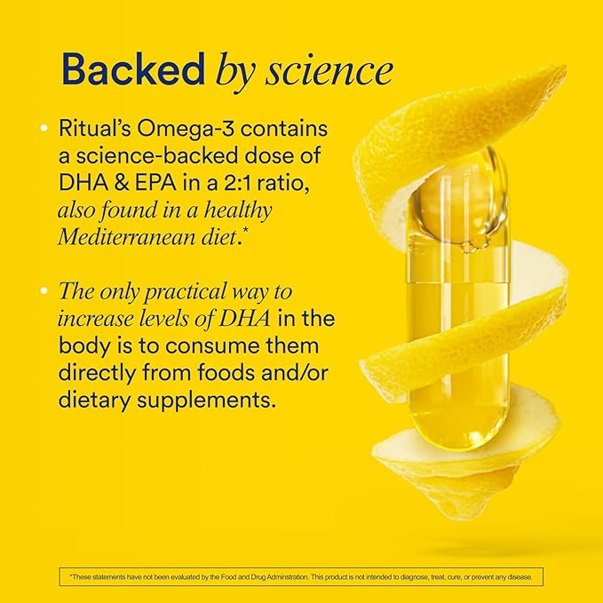 Ritual Omega 3 - Vegan - Science-Backed Dose of DHA &amp EPA Fatty Acids in 2:1 Ratio Bioavailable Brain and Heart Health Support Minimal Burp-Back Sustainably Sourced Microalgae 30 Day Supply