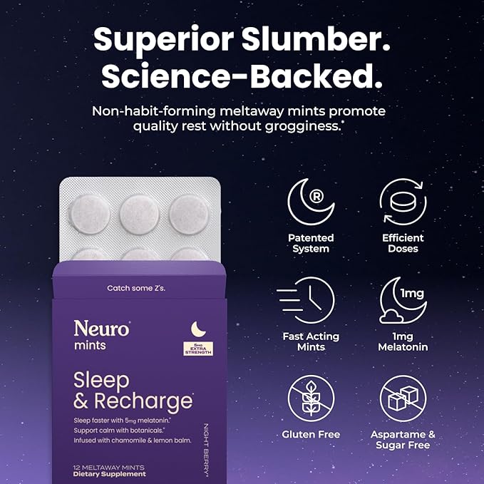 Neuro Sleep &amp Recharge Meltaway Mints - Contains Melatonin 5mg Chamomile &amp Elderberry - Travel Aid for Nighttime Relaxation &amp Healthy Sleep Cycle - Night Berry 144 ct