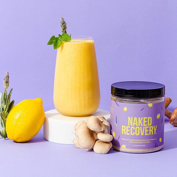NAKED Recovery - Mushroom Supplement Powder - Lions Mane Cordyceps Reishi Tart Cherries Lemon Balm - Adaptogen Wellness Formula Stress Relief Muscle Recovery - 30 Servings
