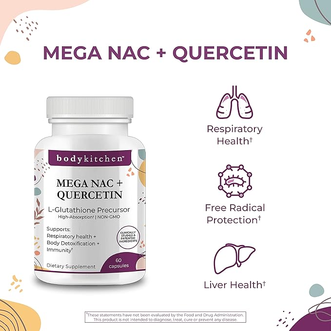 Body Kitchen Mega NAC (N-Acetyl Cysteine) 600 mg with Quercetin Supports Respiratory Health and Immune Function and Promotes Liver and Kidney Detox Veggie Caps (Pack of 1)