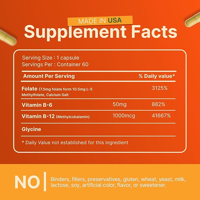 INVITA L-Methylfolate 7.5mg + Active Vitamin B Complex – 60 Capsules - 5-MTHF Supplement with Vitamin B6 &amp B12 Methylcobalamin for Mood Energy and Heart – Non-GMO Gluten Free 2-Month Supply